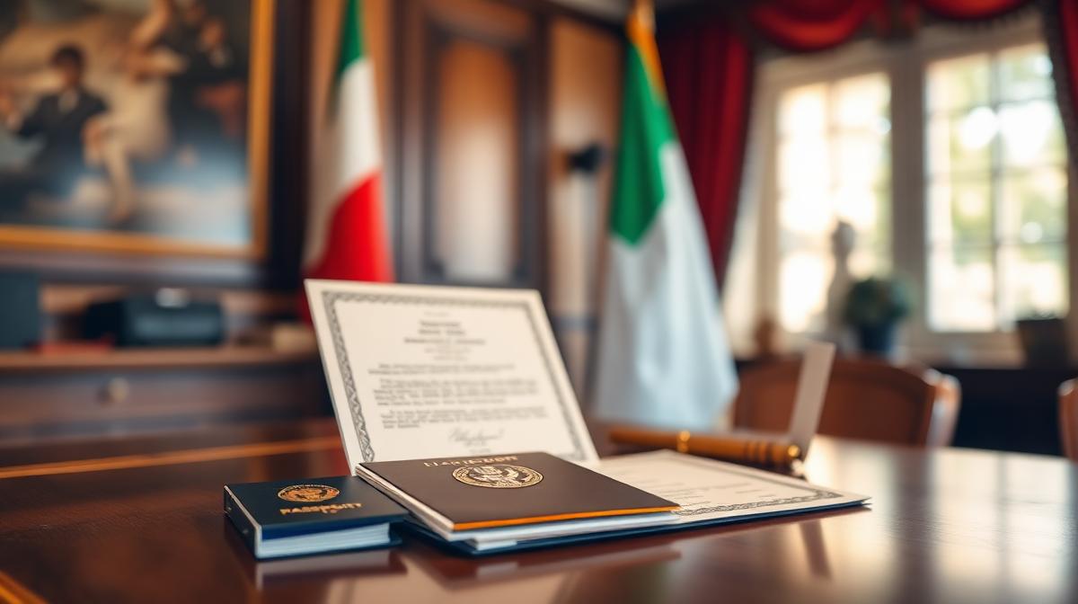 Documentos de cidadania italiana com passaporte e certificado oficial