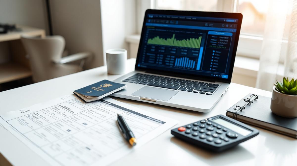 Pessoa analisando documentos fiscais com passaporte e calculadora