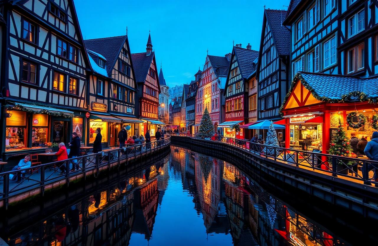 Mercado de Natal de Colmar na Petite Venise com canais e casas coloridas em enxaimel