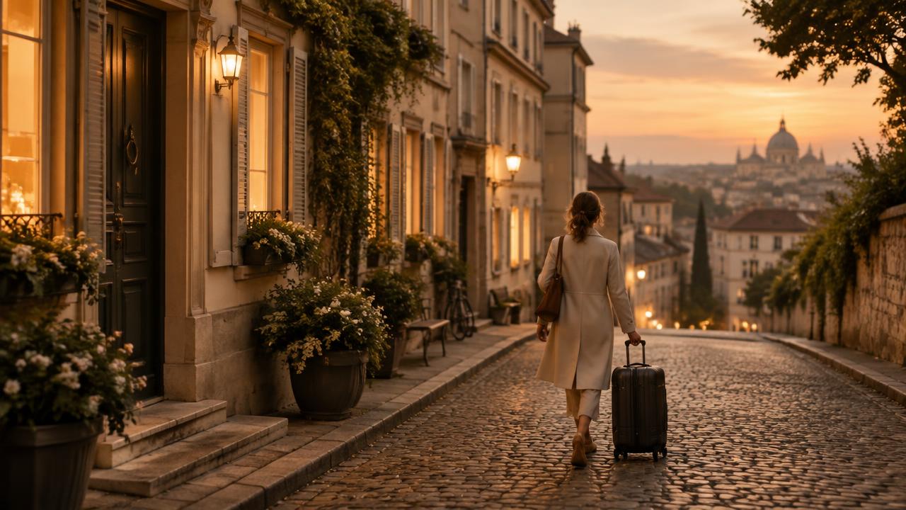 Rua europeia ao entardecer com moradora chegando a um novo lar