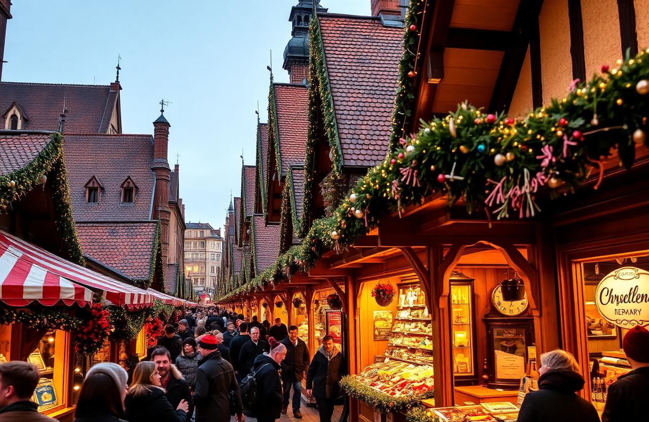 Christkindlesmarkt de Nuremberg com bancas tradicionais e decorações