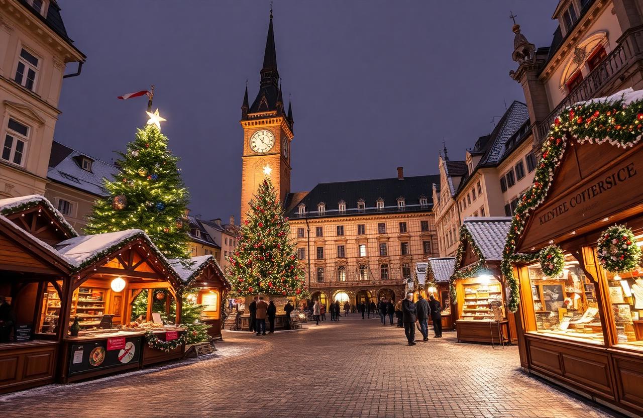 Mercado de Natal de Praga na Praça da Cidade Velha com relógio astronômico e árvore de Natal gigante
