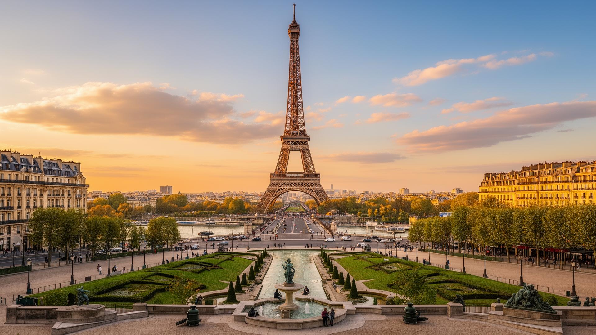 Torre Eiffel ao entardecer com o rio Sena