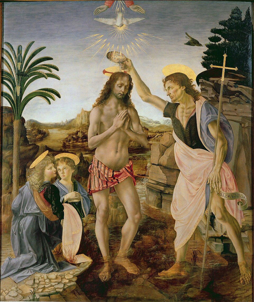 O Batismo de Cristo por Verrocchio e Leonardo da Vinci