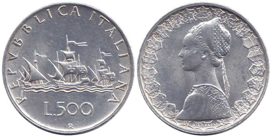 Moeda italiana de 500 liras de 1960, prata 835