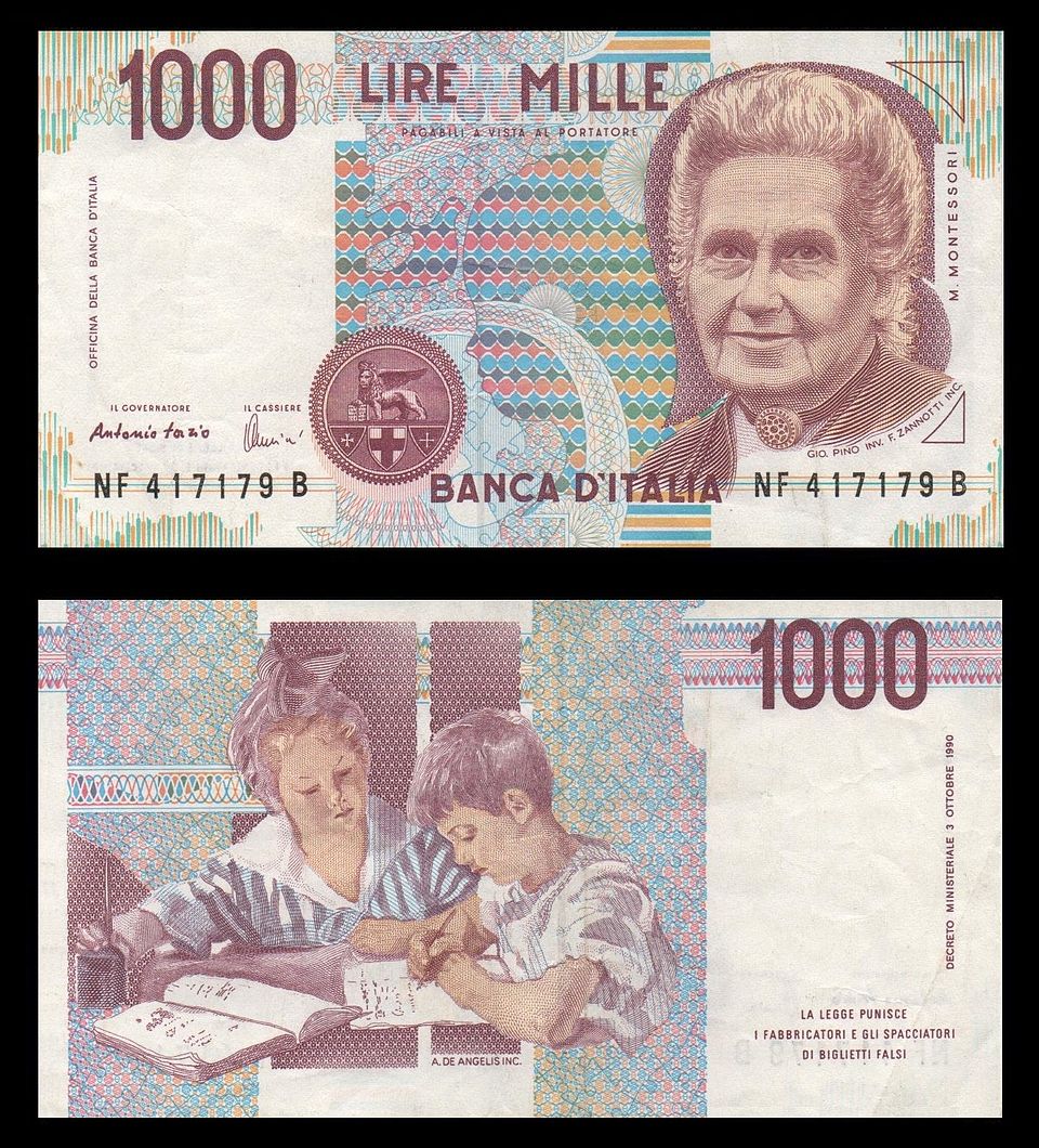 Nota de 1.000 liras com Maria Montessori - frente e verso