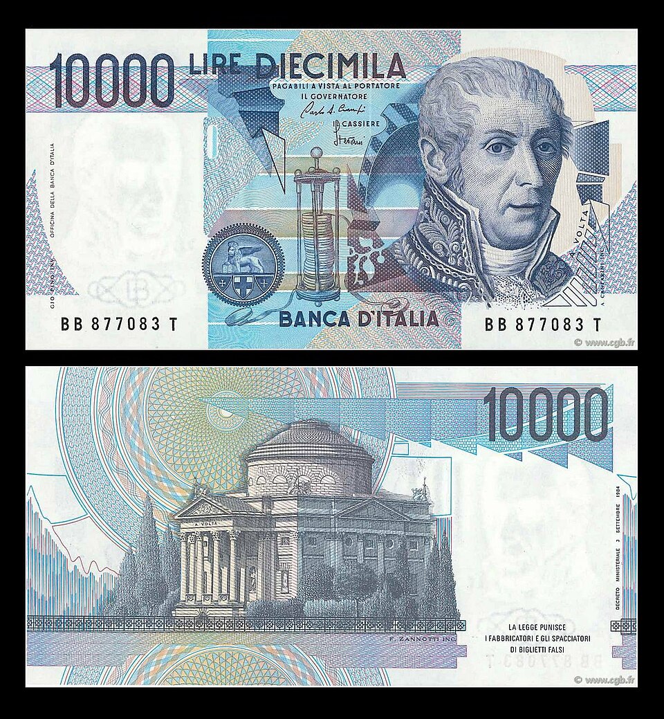 Nota de 10.000 liras com Alessandro Volta - frente e verso