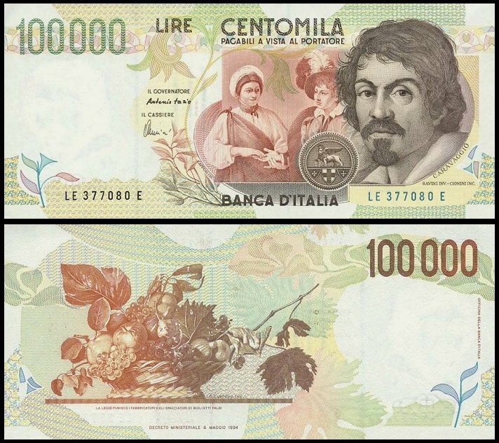 Nota de 100.000 liras com Caravaggio - frente e verso