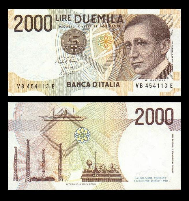 Nota de 2.000 liras com Guglielmo Marconi - frente e verso