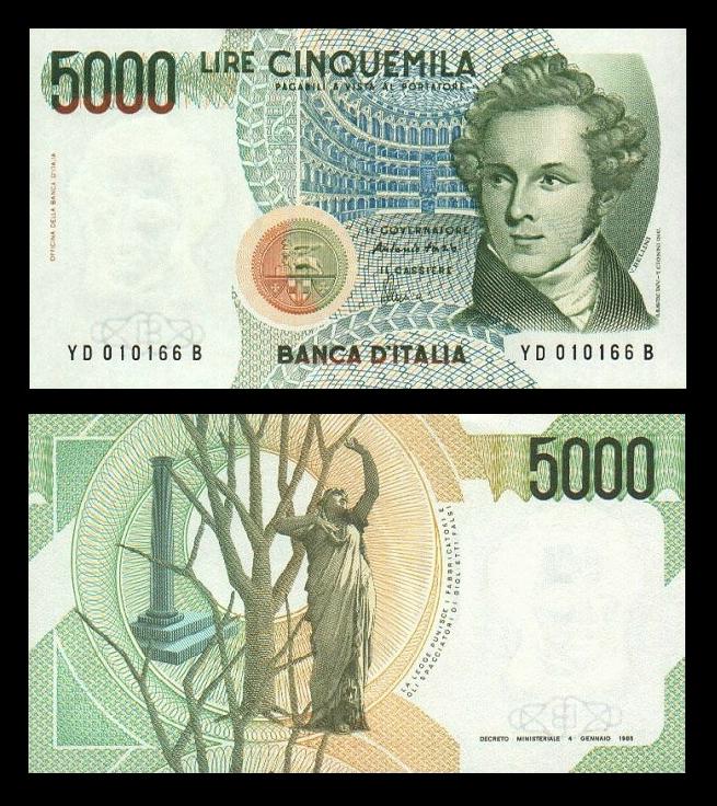 Nota de 5.000 liras com Vincenzo Bellini - frente e verso