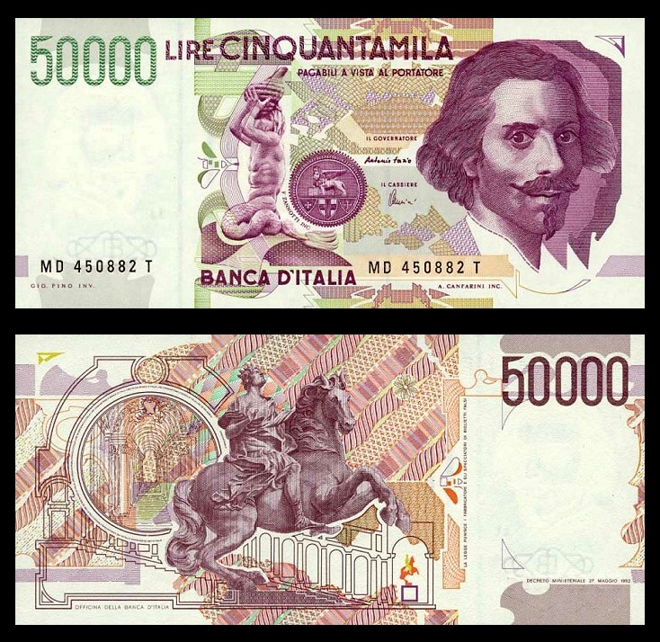 Nota de 50.000 liras com Gian Lorenzo Bernini - frente e verso