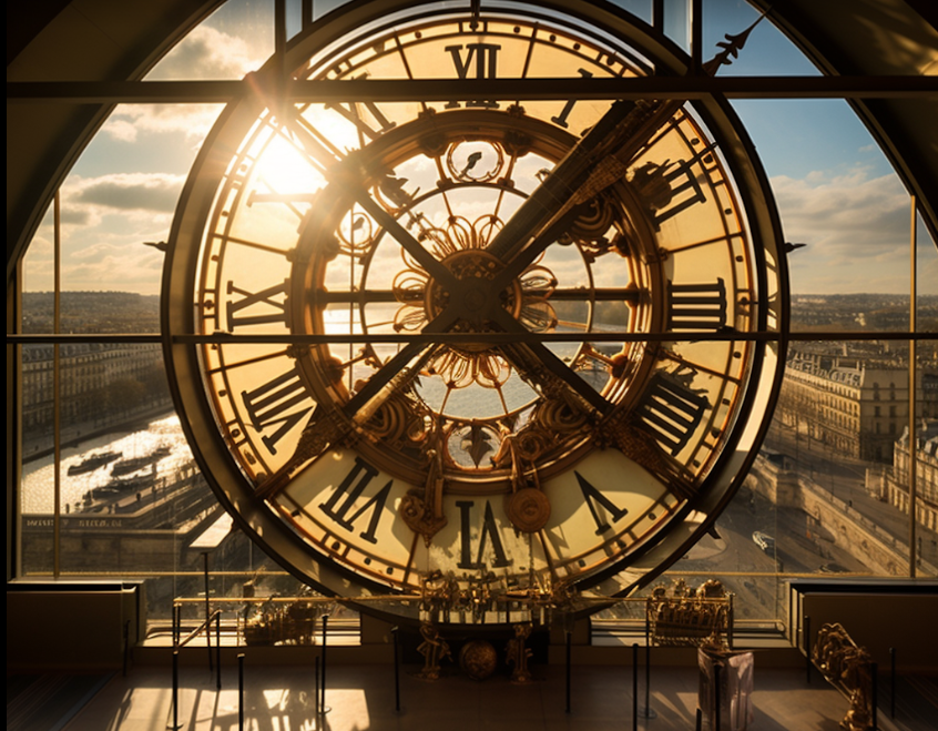 Grande relógio do Museu d'Orsay com vista para Paris ao pôr do sol