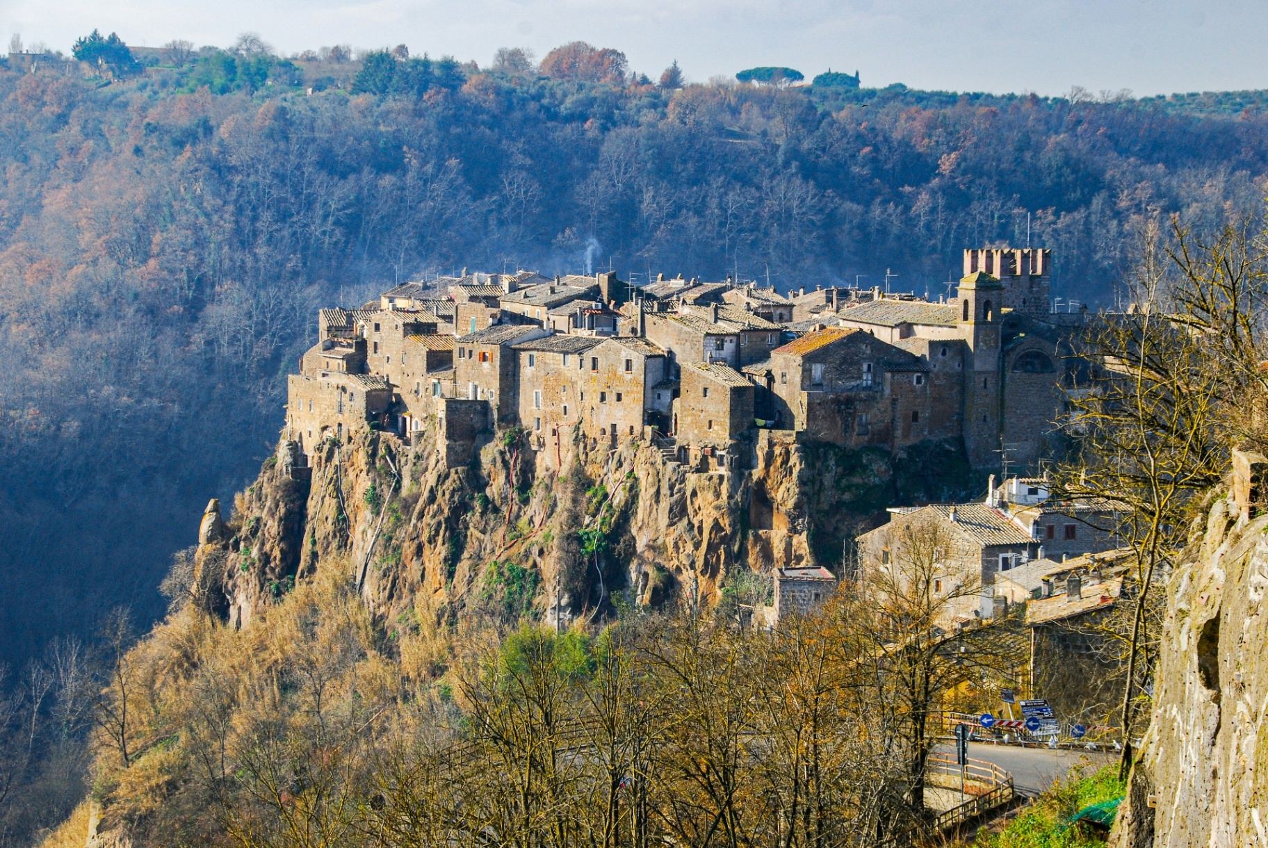 Panoramic view of the medieval borgo of Calcata on its rocky cliff
