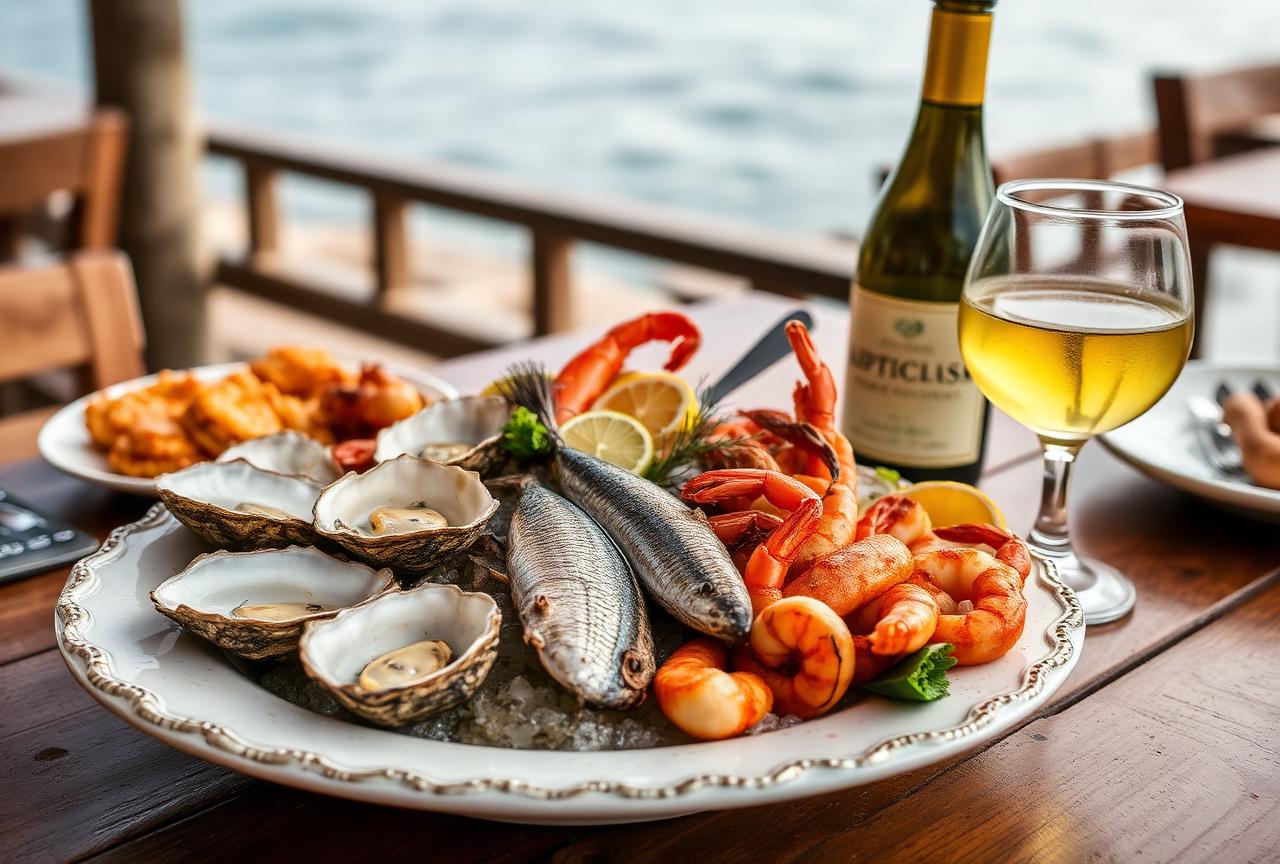 Travessa de frutos do mar frescos com taça e garrafa de Vinho Verde