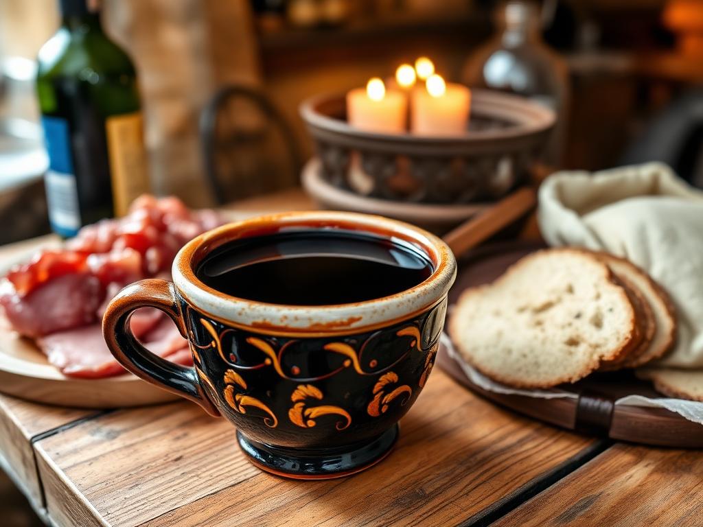 Taça de cerâmica tradicional com Vinho Verde tinto, acompanhada de enchidos e pão