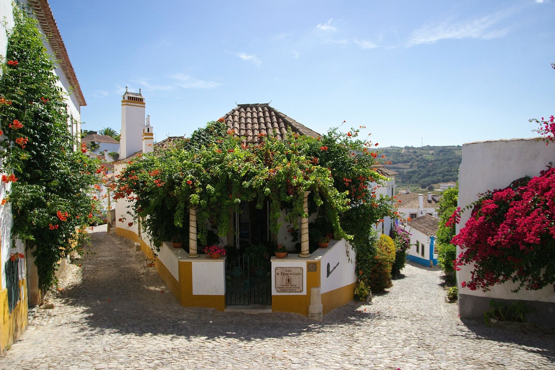 Rua típica de Óbidos com casas brancas e flores coloridas
